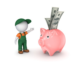 Wall Mural - 3d small person in workwear and piggy-bank.