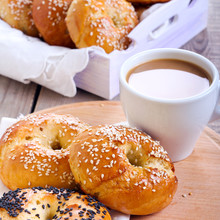 Homemade Bagels, And Cup Of Coffee