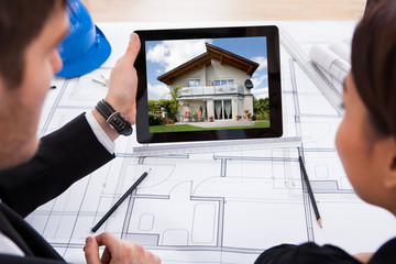 Poster - Architects With Digital Tablet Looking At House