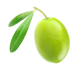 Poster - Isolated olive. One green olive fruit with leaf isolated on white background