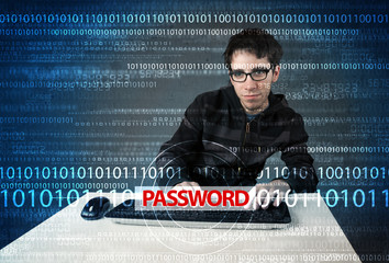 Young geek hacker stealing password