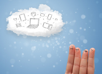 Happy smiley fingers looking at cloud computing with technology