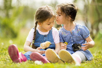 Wall Mural - Two little girls with chickens