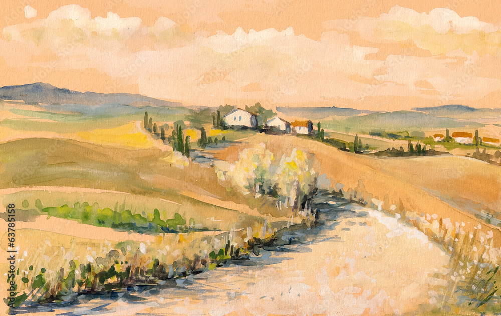 Tuscany landscape.Watercolors. - obrazy, fototapety, plakaty 