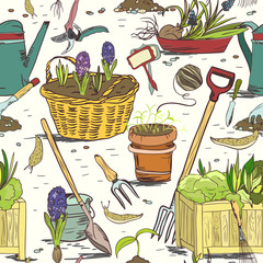 Sticker - Seamless gardening tools pattern background