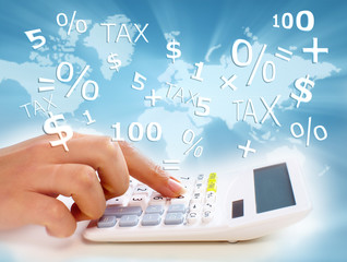 Fototapete - Hands of business people with calculator.
