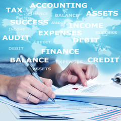 Fototapete - Hands of business people with calculator.
