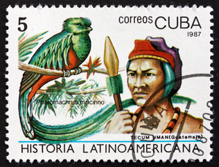 Postage stamp Cuba 1987 Quetzal and Tecum Uman Indian