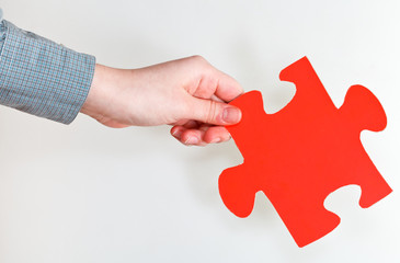 Wall Mural - red puzzle piece in female hand