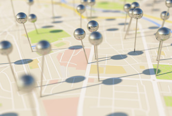 Poster - city map with Pin Pointers 3d rendering image
