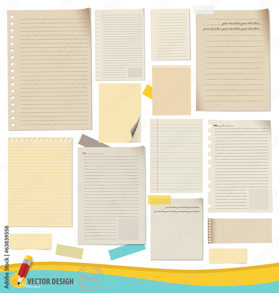 Collection of various note papers, ready for your message. Vecto - obrazy, fototapety, plakaty 