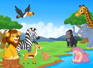 Poster - Cute African safari animal cartoon characters scene