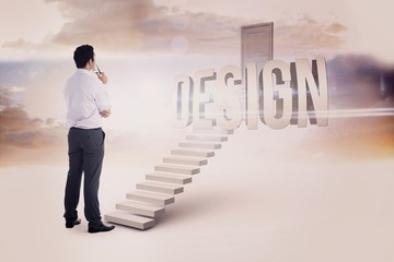 Poster - Design against white steps leading to closed door