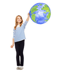 Wall Mural - girl drawing planet earth in the air