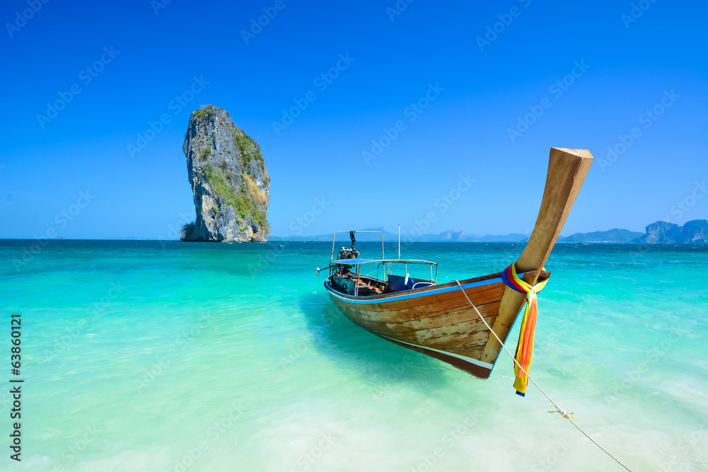 Cliff and boat in the amazing beach in tropical island in Krabi, Phuket, Thailand - obrazy, fototapety, plakaty 