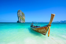 Cliff And Boat In The Amazing Beach In Tropical Island In Krabi, Phuket, Thailand