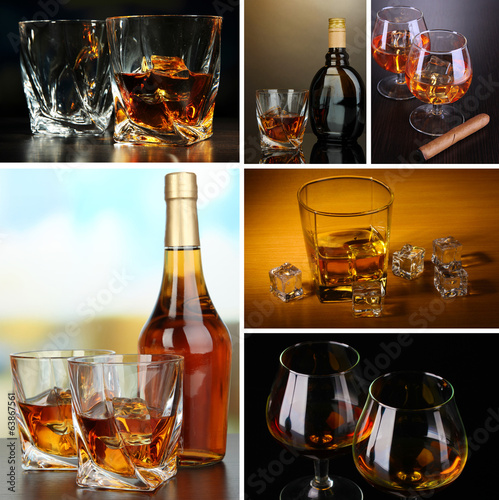 Fototapeta na wymiar Collage of brandy glasses with ice