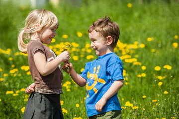 boy giving flowers for a girl