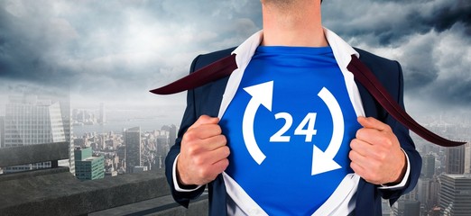 Poster - Composite image of businessman opening his shirt superhero style