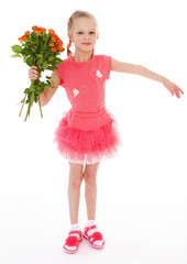 Happy little girl with rose in red clothes