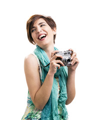 Sticker - Beautiful woman with a vintage camera