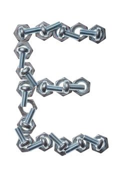 Alphabet made of nuts and bolts, letter E. Isolated on white