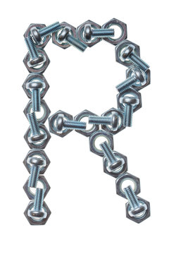 Alphabet made of nuts and bolts, letter R. Isolated on white