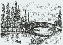 Vector Landscape. Bridge Over River And Poplars Along The Road