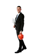 Sticker - Happy businessman holding helmet and drawings