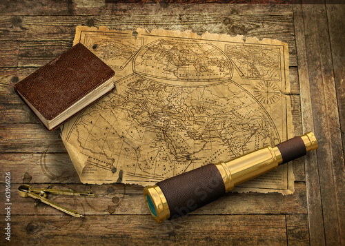 Carte du vieux monde avec télescope Tableau sur Toile