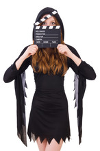 Cute Witch With Movie Board Isolated On White