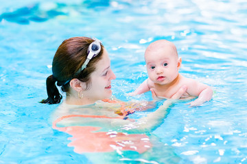 Wall Mural - Funny baby boy having fun in a swimming pool with his mother