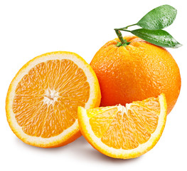 Wall Mural - Oranges with slice and leaves isolated on a white background.