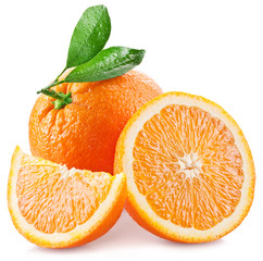 Wall Mural - Oranges with slice and leaves isolated on a white background.