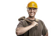 Young dirty Worker Man With Hard Hat helmet  .holding a hammer