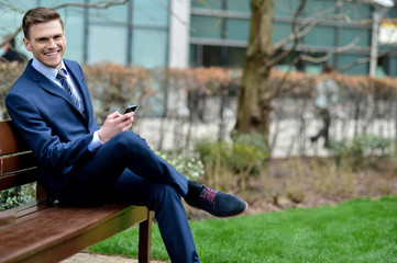 Wall Mural - Businessman with his phone on the bench