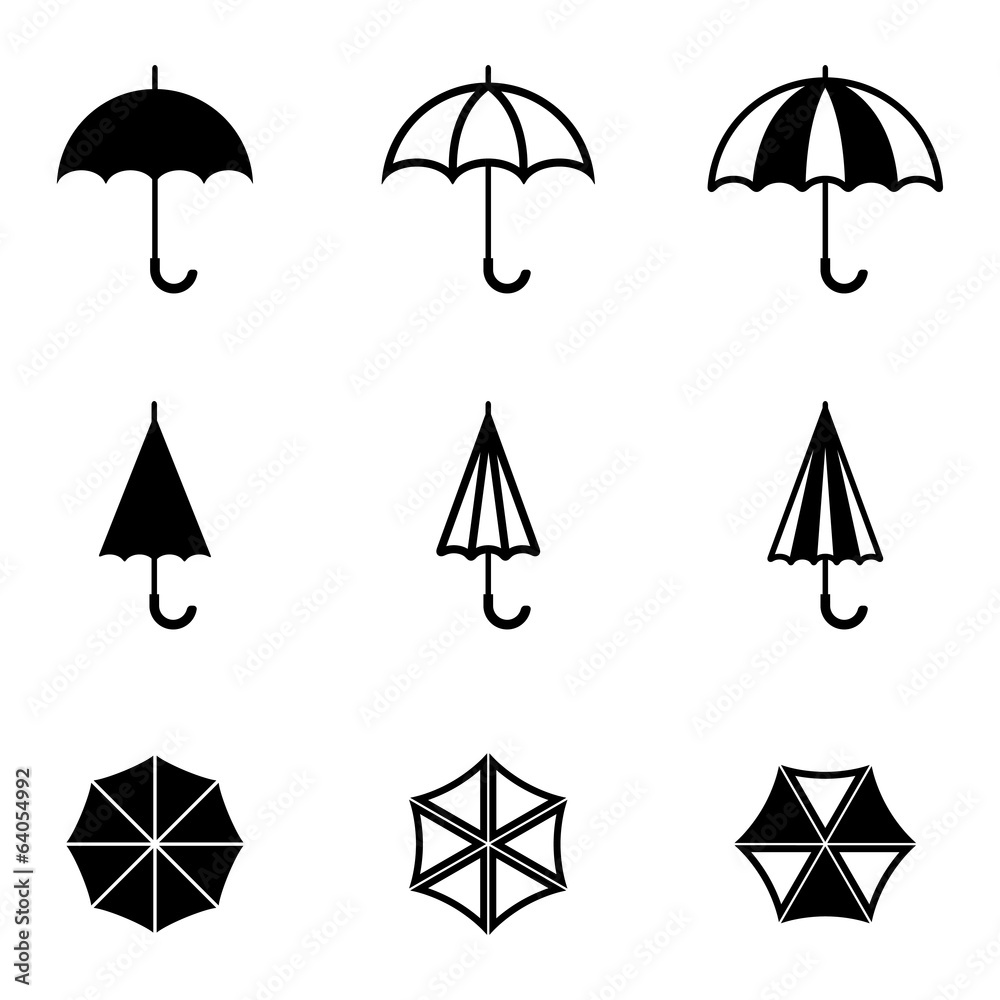Vector black umbrella icons set - obrazy, fototapety, plakaty 
