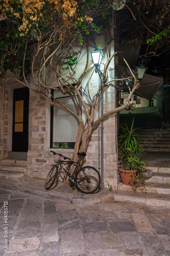 rower-oparty-o-drzewo-w-miescie-na-greckiej-wyspie