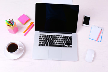 Poster - Office workplace with open laptop on wooden desk