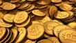 3D illustration of a large group of golden Bitcoins