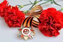 Saint George Ribbon With Order Of Great Patriotic, Red Carnation