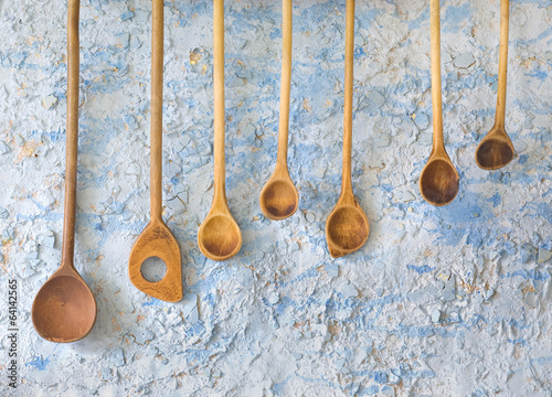 Naklejka - mata magnetyczna na lodówkę vintage wooden spoons, kitchen utensils, free copy space