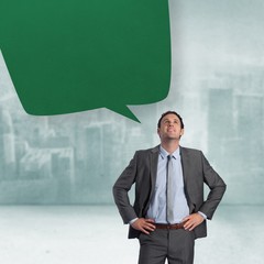 Poster - Composite image of smiling businessman with hands on hips with s