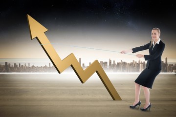 Poster - Composite image of businesswoman pulling a rope around arrow