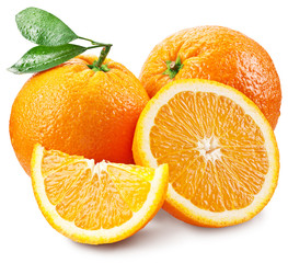 Wall Mural - Oranges with slice and leaves isolated on a white background.