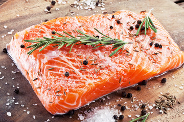 Wall Mural - Salmon filet on a wooden carving board.