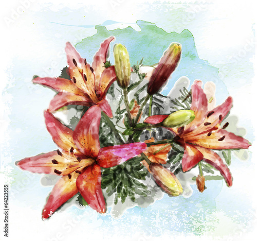 Fototapeta na wymiar watercolor illustration of bouquet of lilies