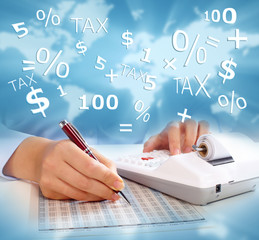 Aufkleber - Hands of business people with calculator.