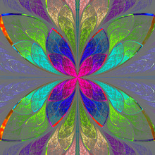 Symmetrical Multicolor Fractal Flower In Stained Glass Style. Co