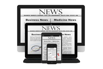 Poster - Mobile News Concept. Desktop computer, notebook, tablet pc and m